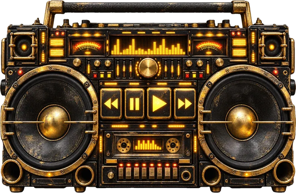 Dorado boombox: black and gold, two big speakers, glowing yellow keys